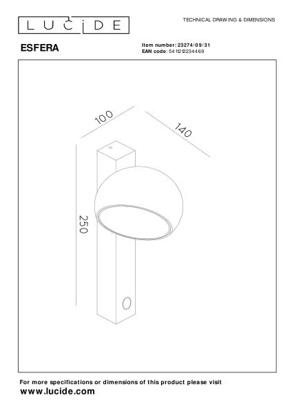 Lucide Premium ESFERA - Wall light - LED Dim. - 1x9W 2700K - White - technical